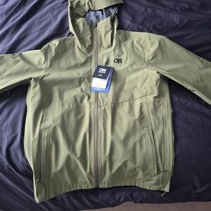 Outdoor Research Foray 3L Olive Hooded Rain Shell Jacket
